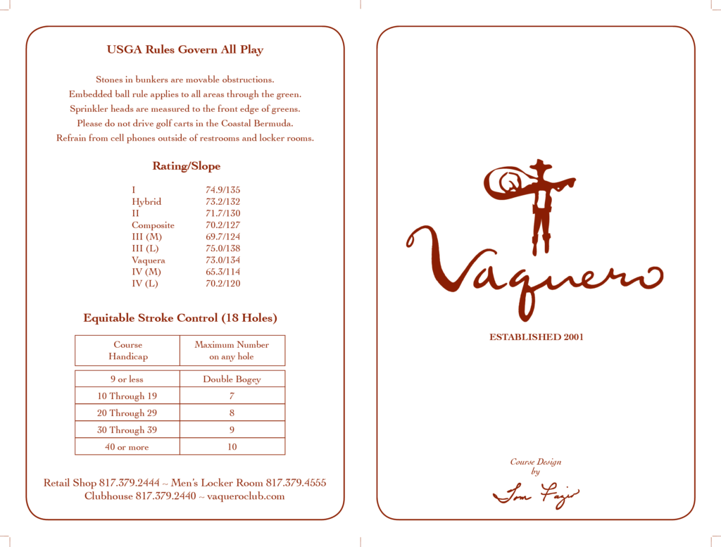 Vaquero Club Yardage Card Page 2 Vaquero Golf Club