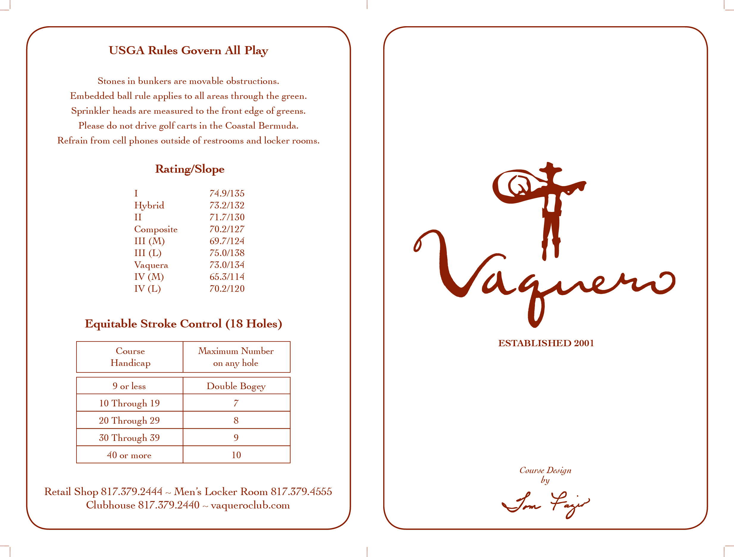 Vaquero Club Yardage Card