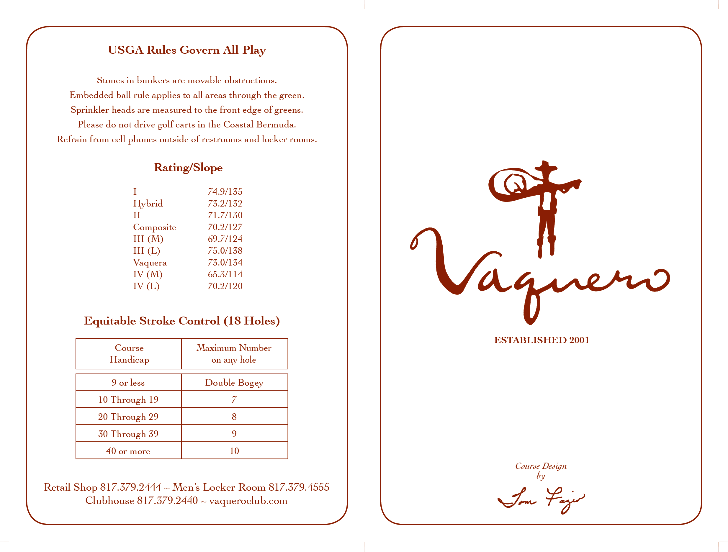 Golf Course Yardage Card Vaquero Golf Club